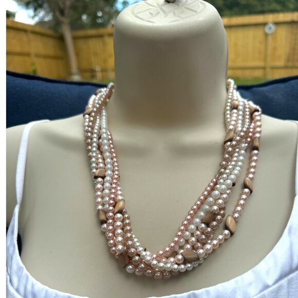 Vintage Japan Multi-Strand Faux Pearl & Tiger Eye Bead Necklace - Picture 2 of 9